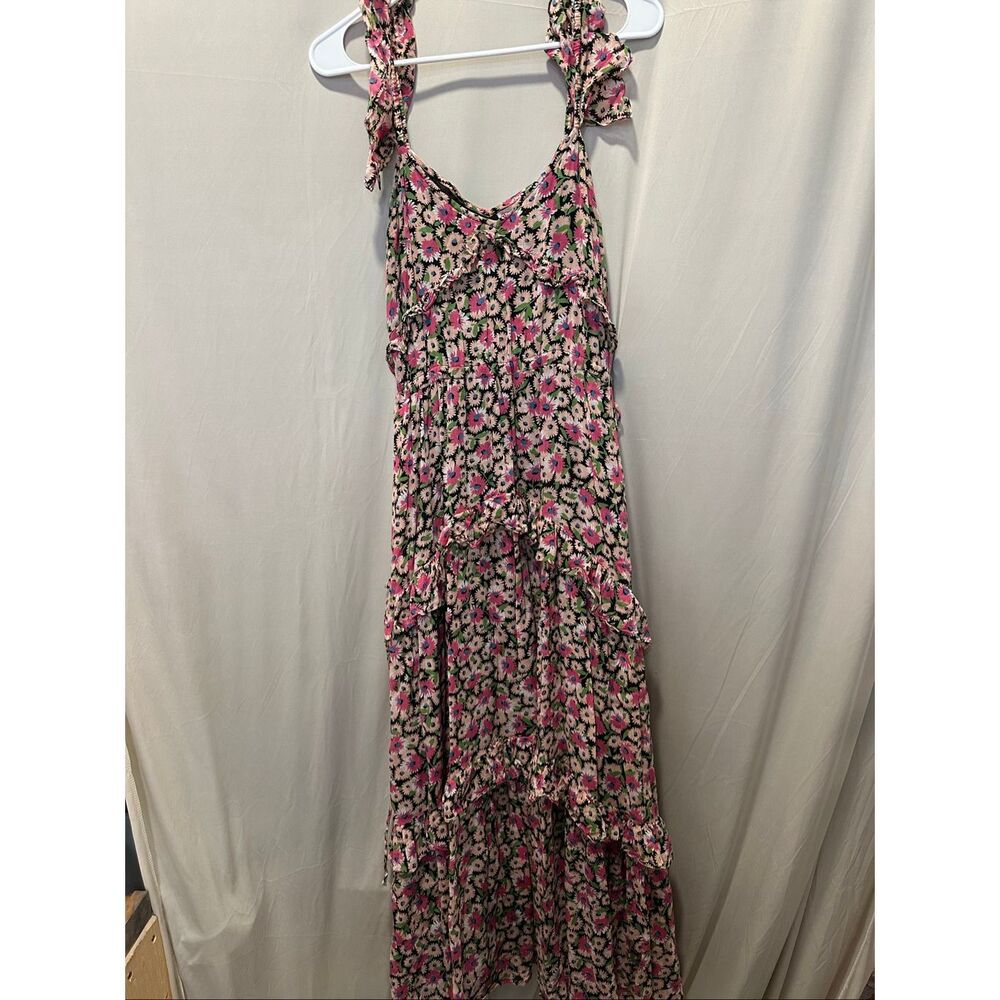 Banjanan Floral Cotton Midi Dress Small Pink Black Ruffle Strap Tiered - Picture 1 of 7